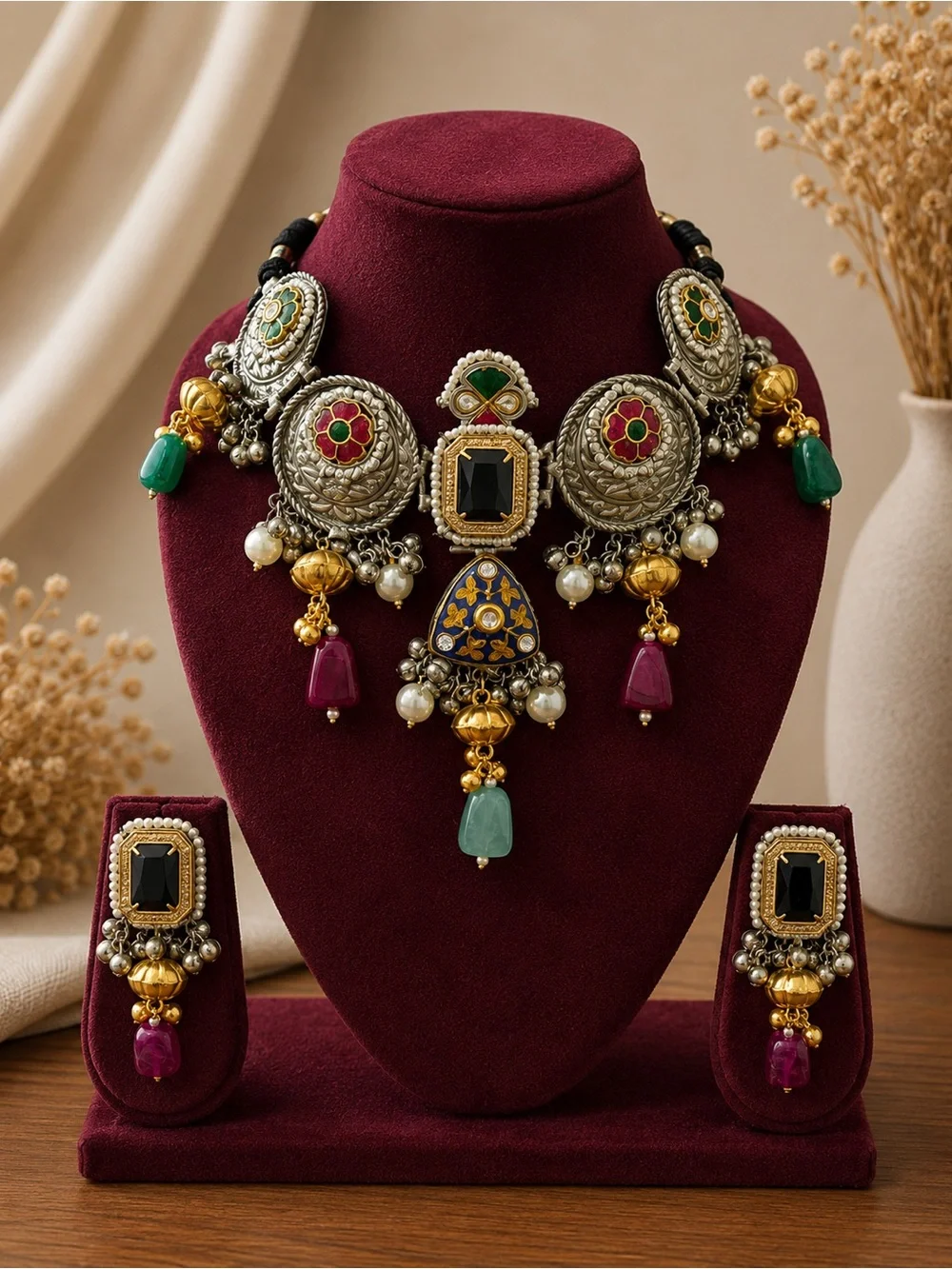 Traditional Multicolor Stone & Silver-Tone Necklace Set - Women Jewelry
